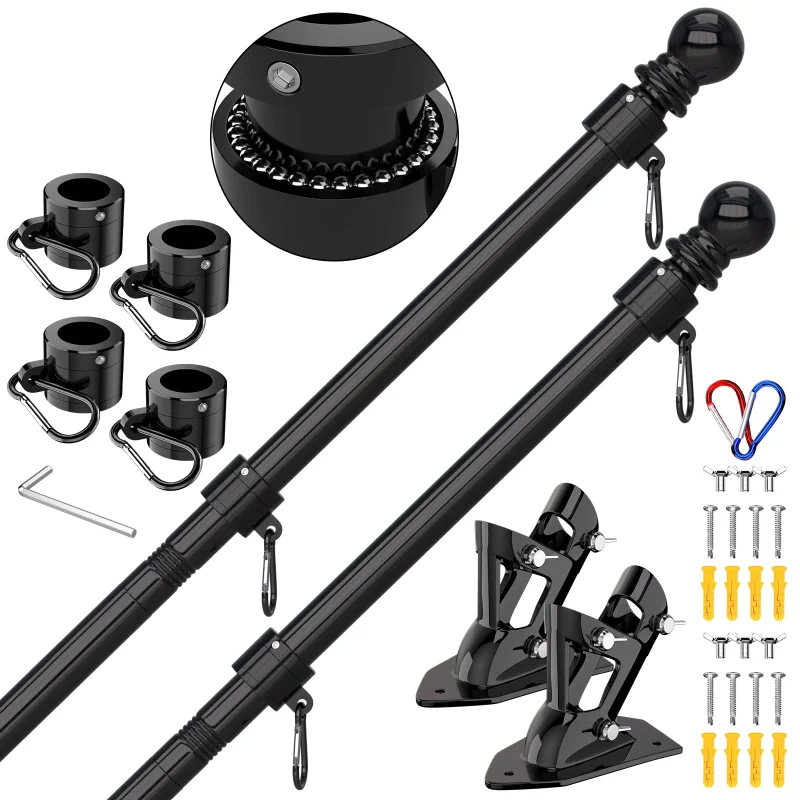 ZMTECH Flag Pole - Upgraded Bracket, (2 Packs) 6 FT Stainless Steel Flag Poles for Outside House, Residential or Commerical, Tangle Free Flag Pole Kit for American Flag (Without Flag, Black)